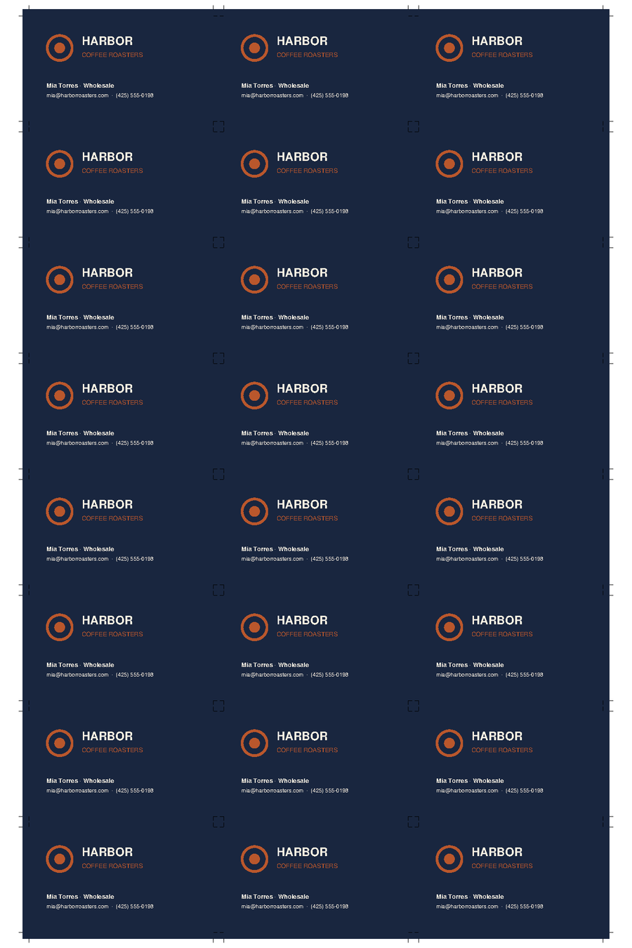 24-up business card gang on a 12×18 press sheet with crop marks