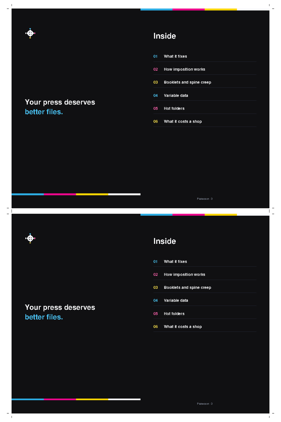 The actual 12×18 press sheet: Plateroom's own 44-page brochure imposed 2-up with crop marks